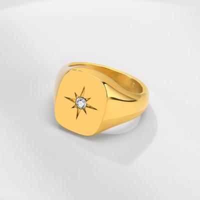 Damskie Modne Sygnety z Znakami Zodiaku, Kolor Złoty Solidny Metal Kwadratowy Okrągły Wierzch Stempel Kamień AAA CZ Pasek, Szykowna Boho Cool Biżuteria