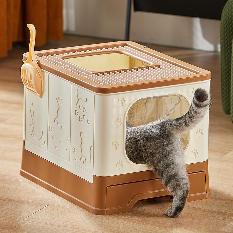 

Cat Litter Box with Scoop and Tray Sifting Enclosed Foldable Kitten Toilet Detachable Poop Top Front Entry Pet Supplies 51x41x38