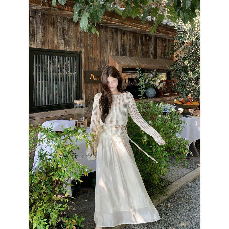 Kumikumi Fashion Set Loose Hollow Out Long Sleeve Knit Women Autumn High Waist Slimming Skirt Two-piece Set