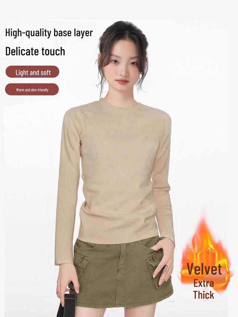 American-Style Women's White Round Neck Slim Fit Long Sleeve Base Layer Top for Spring/Autumn