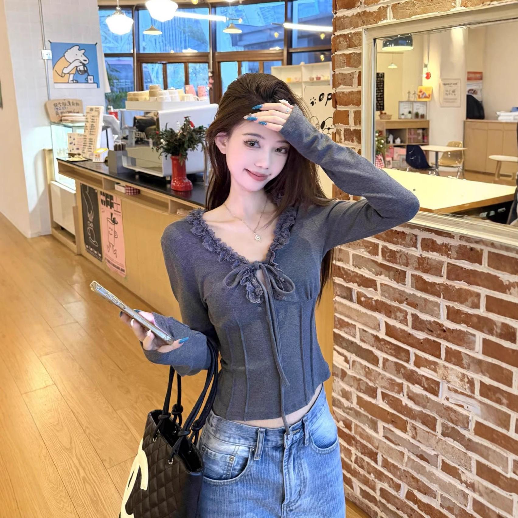 

Korean Sweet Lace-Up Trim Long Sleeve Slimming T-Shirt for Women Medium серый