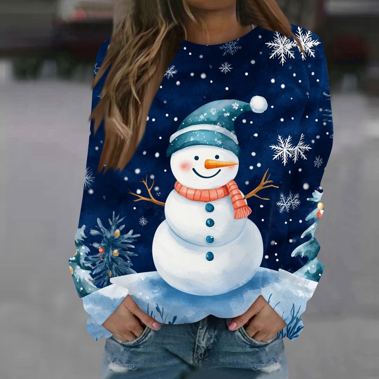 

Женская повседневная мода с рождественским принтом и длинным рукавом с круглым вырезом, пуловер, блузка, толстовка XL красный