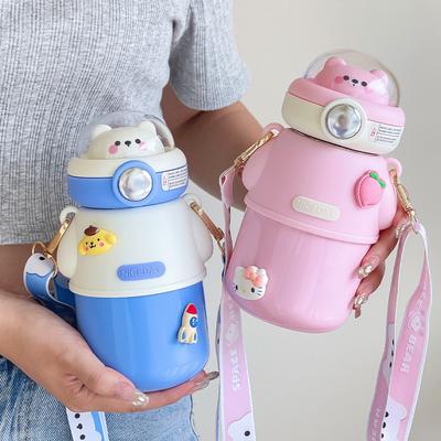 Cute Astronautics Bear Thermos Water Bottle With Straw For Kids Girls Portable School Stainless Steels Insulation Water Cup