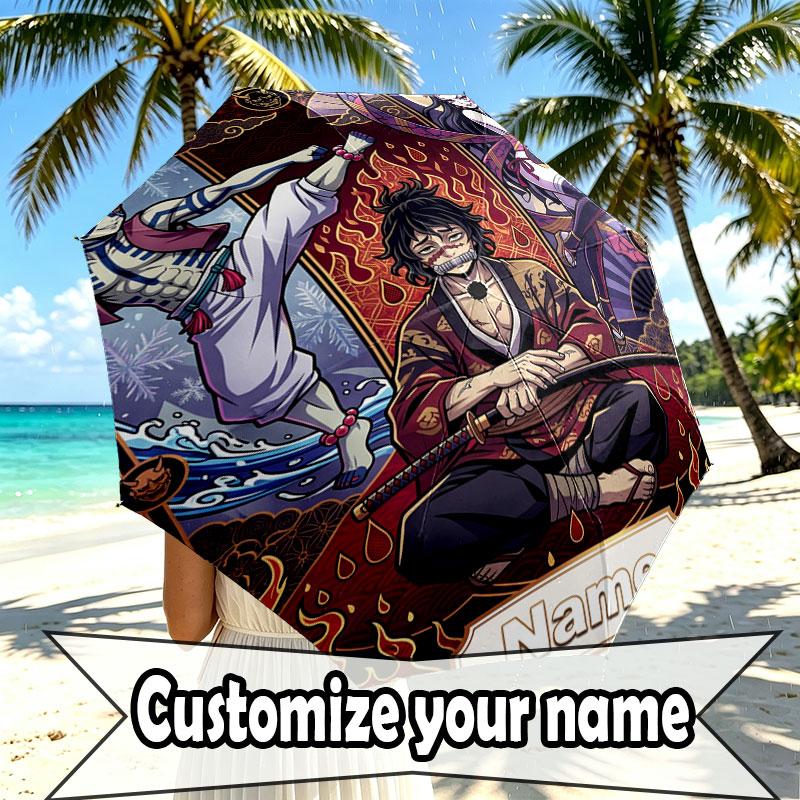 Custom Name Personalized Demon Slayer Anime Print Umbrella, Auto Open Close, 8‑Rib Sturdy Frame, Commute Camping Hiking Use, Birthday Gift