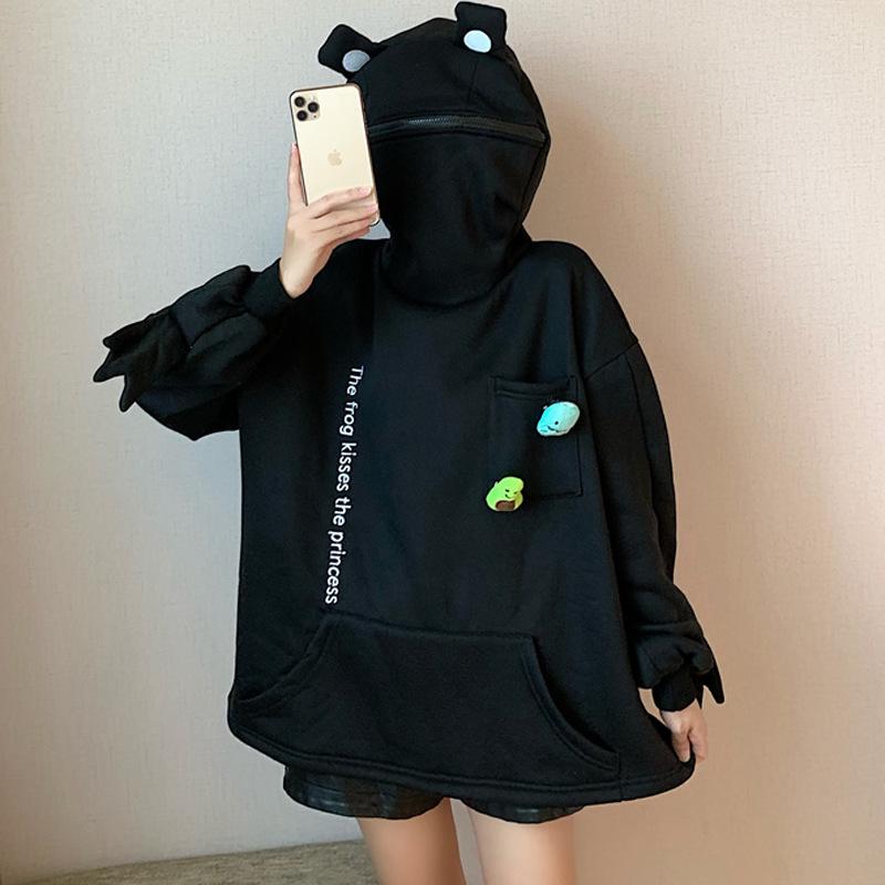 Women's Trendy Frog Pullover Hoodie - Long Sleeve, Unisex, Plus Velvet, Autumn/Winter Style