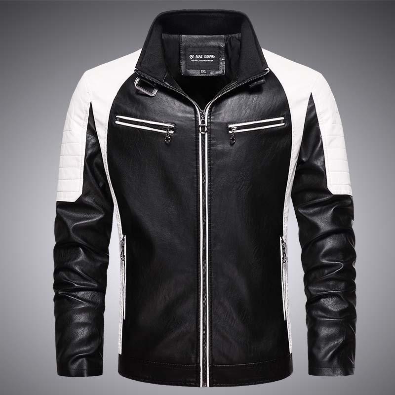(H-Leather) Season Motorcycle Jacket Teen Men's Stand-Up Collar PU Jacket Casual Stand-Up Collar