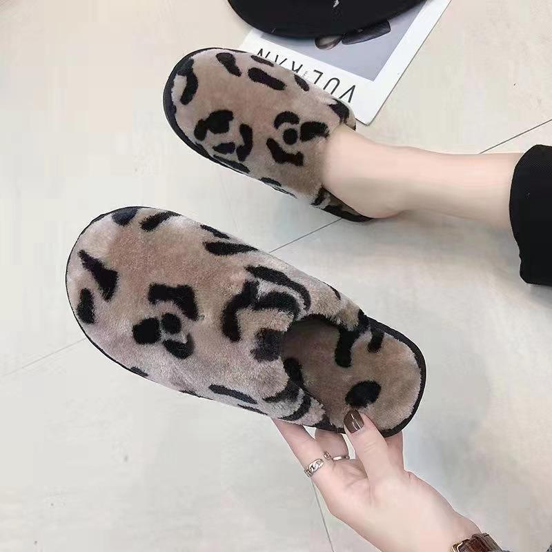 Men Women Leopard Print Fleece Lined Warm Indoor Home Cotton Slippers