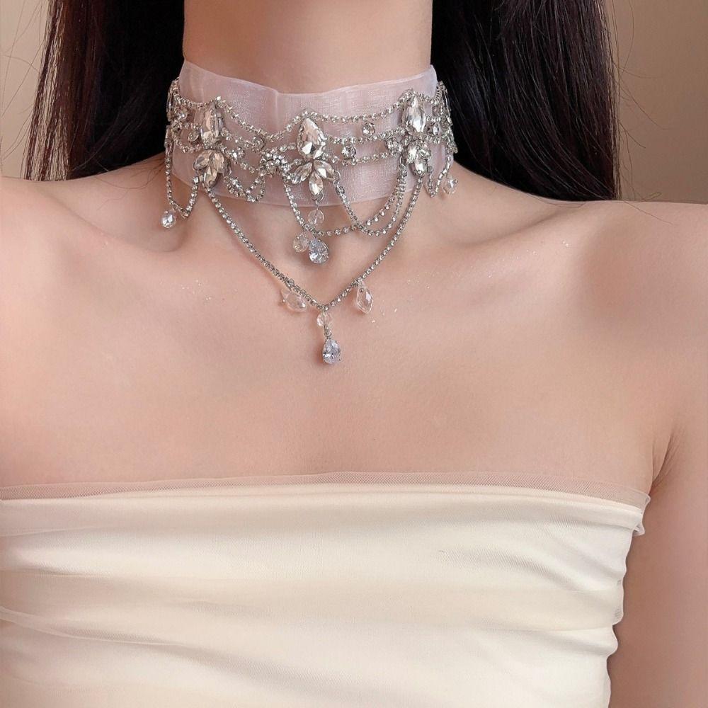 Chiffon Choker Necklace Rhinestone Teardrop Pendant Gifts Collar Necklace Party Outfit