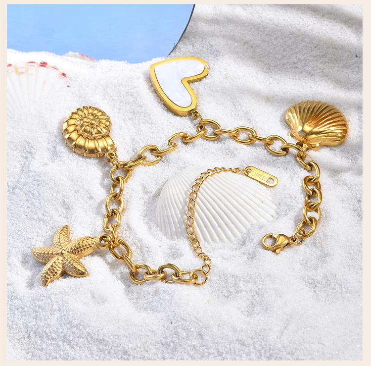 Shell Starfish Conch Charms Bracelet for Women,18k Gold Plated Stainless Steel Summer Beach Waterproof Jewelry