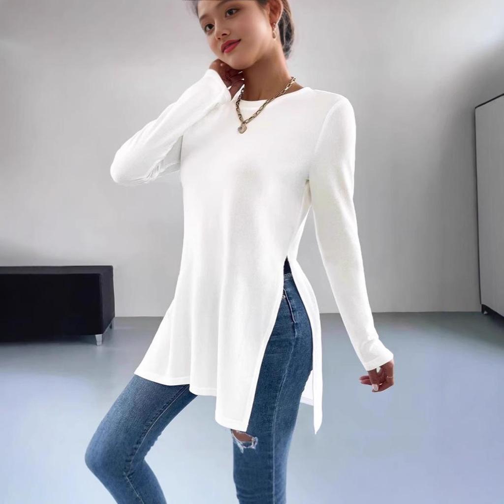 2024 Trendiges lässiges T-Shirt mit Rundhalsausschnitt und langen Ärmeln mit Seitenschlitzen - Unifarben für Herbst/Winter