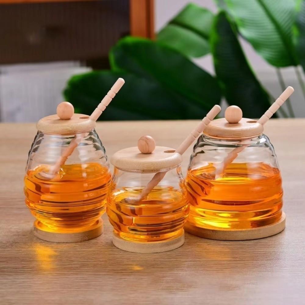 Transparent Glass Honeycomb Tank with Dipper and Lid Large Capacity Honey Storage Container 280/400/500ml Easy To Clean