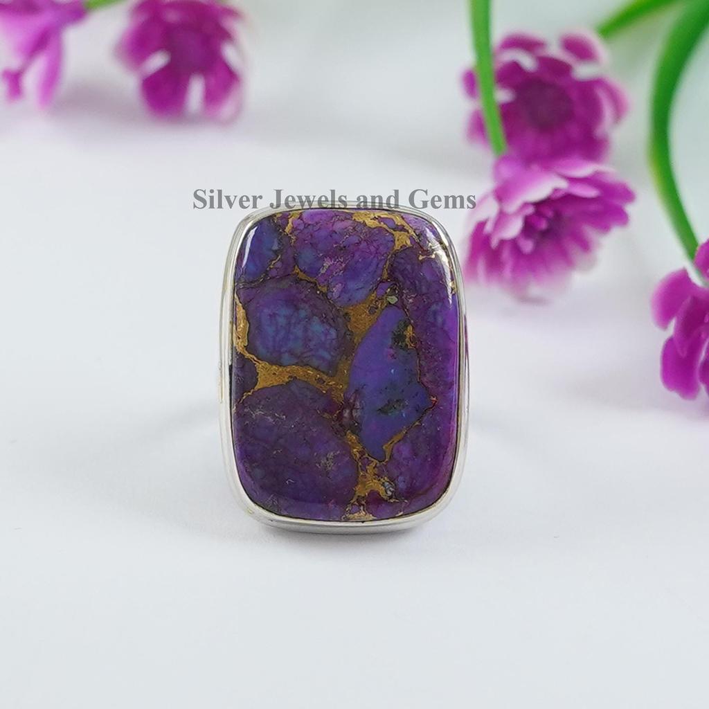 925 Sterling Silver Purple Turquoise Ring, Rectangle Copper Turquoise Gemstone