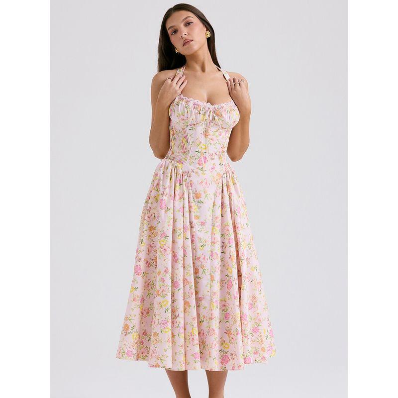 First Date Sense Floral Tight Waist Vacation Seaside Suspender Skirt