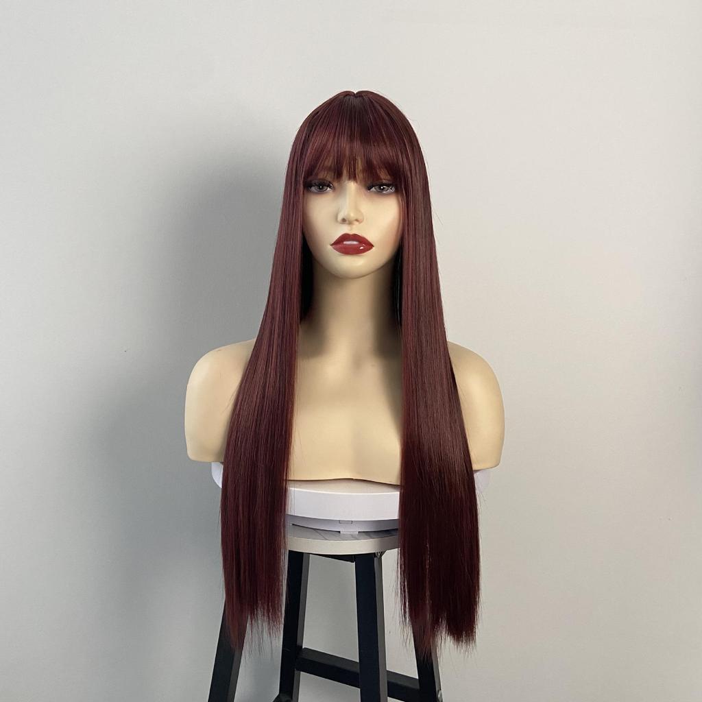 Burgundy Long Straight Fashion Wig with Simulated Scalp for Women