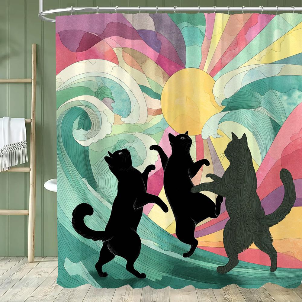 1pc Funny and Creative Surfing Cat and Dog Shower Curtain,Cartoon Bathroom Curtain,Home Polyester Decoration Curtain With Hooks