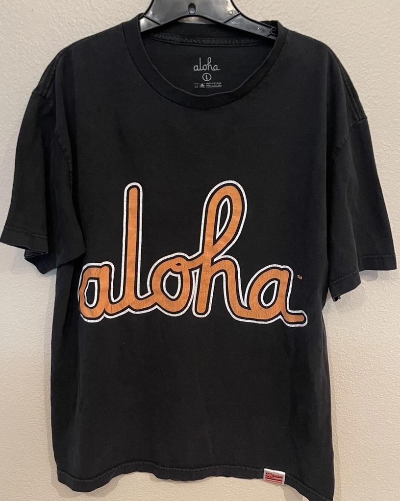 Hawaii Aloha 100% Cotton T-shirt Mens Tees Top Sz L Mens Spell Out Graphic Logo Island Rare Vintage