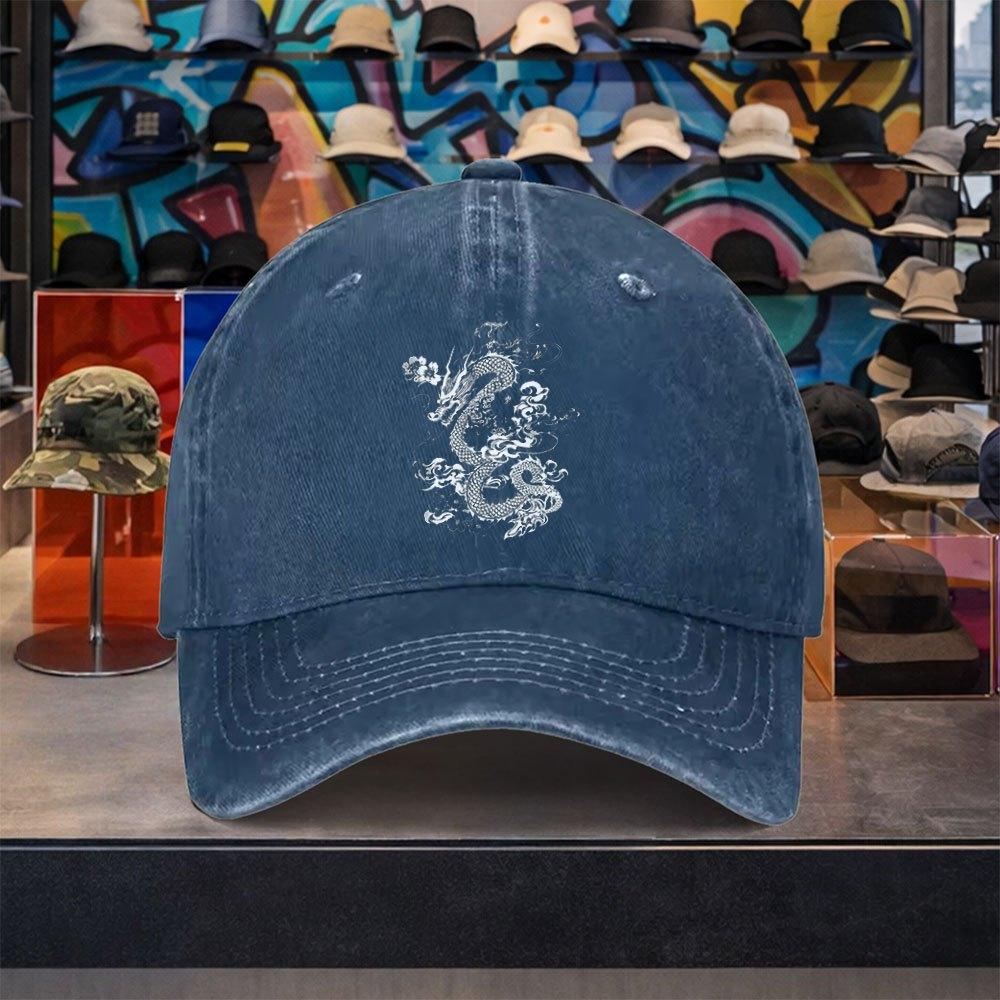 Dragon Graphic Washed Cotton Baseball Cap Adjustable Distressed Retro Outdoor Unisex Cap
