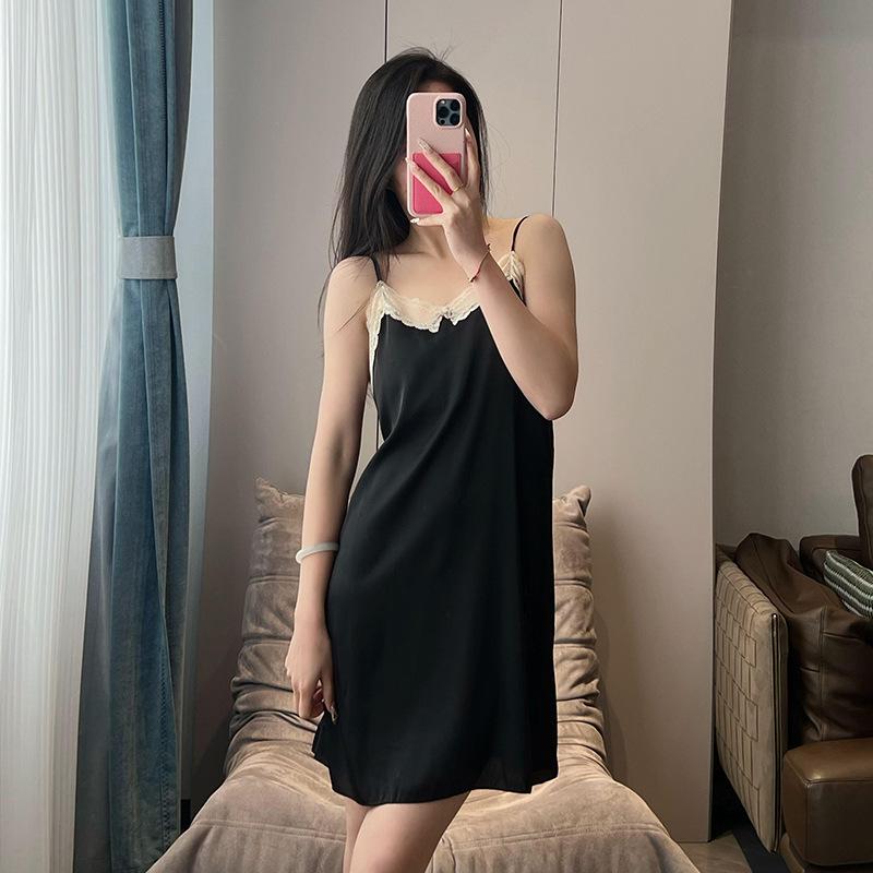 Sexy nightdress women's ice silk summer new model with chest pad lace thin suspender pajamas pure desire style loungewear