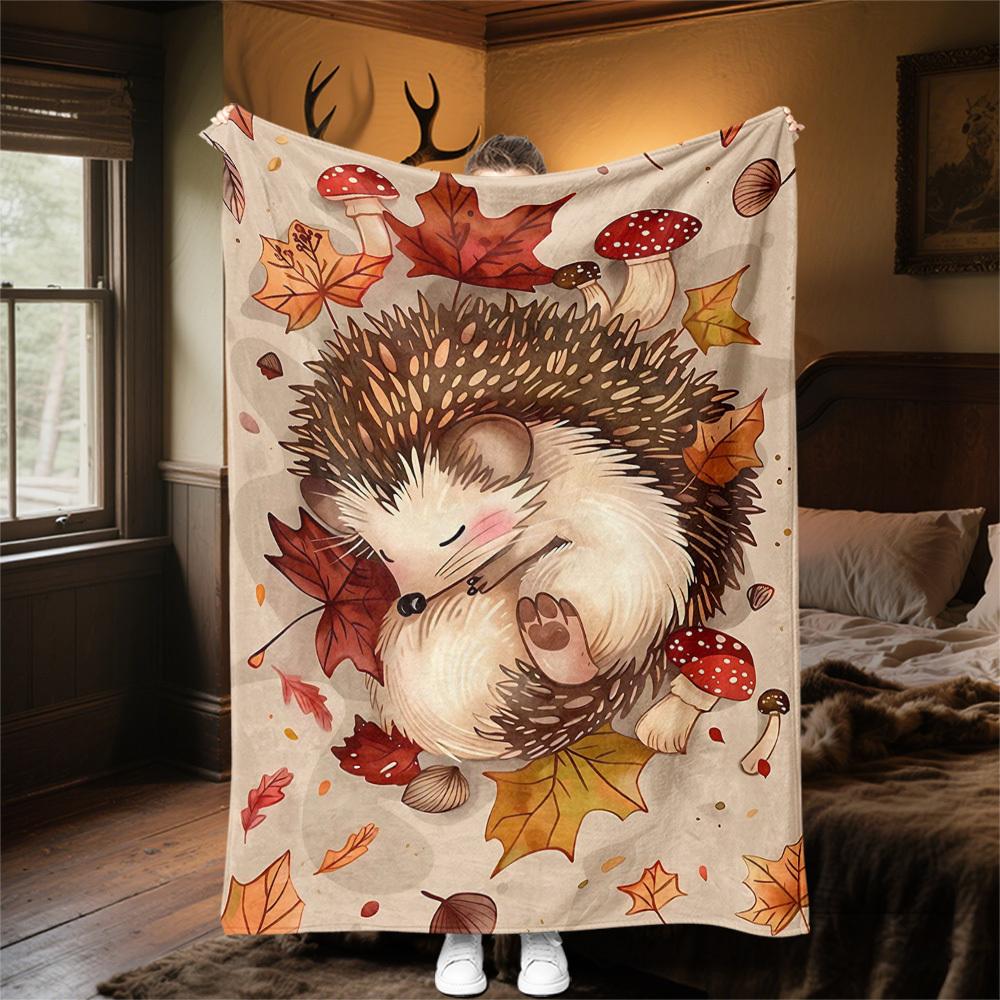1PC Hedgehog, AutumnOutdoor Flannel Blanket - Soft Plush Decor for Picnics, camping, Bedroom, Playroom, Office, or Lunch Break 1219A
