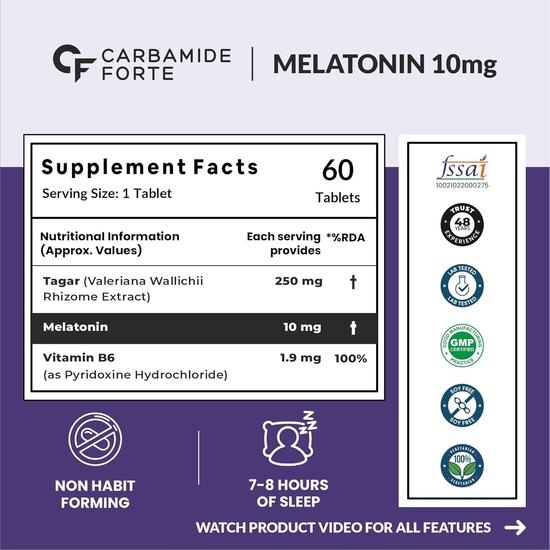 Carbamide Forte Melatonin 10 Mg Sleeping Pills with Tagar 250 Mg | Sleep Supplement for Men & Women - 60 Veg Tablets.