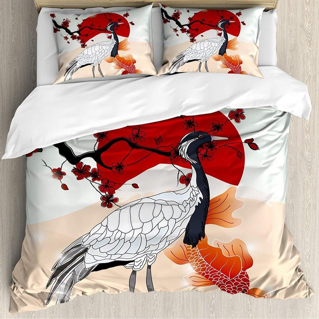 Crane Duvet Set Japanese Tree Bedding Three-Piece Room Decoration Animal Ukiyo-E Style Quilt Cover