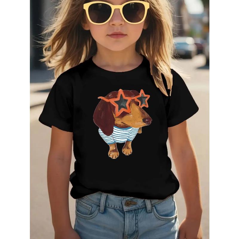 European Size Girls Round-neck Short-sleeved T-shirt with Cartoon Eyes Dog Pattern Print