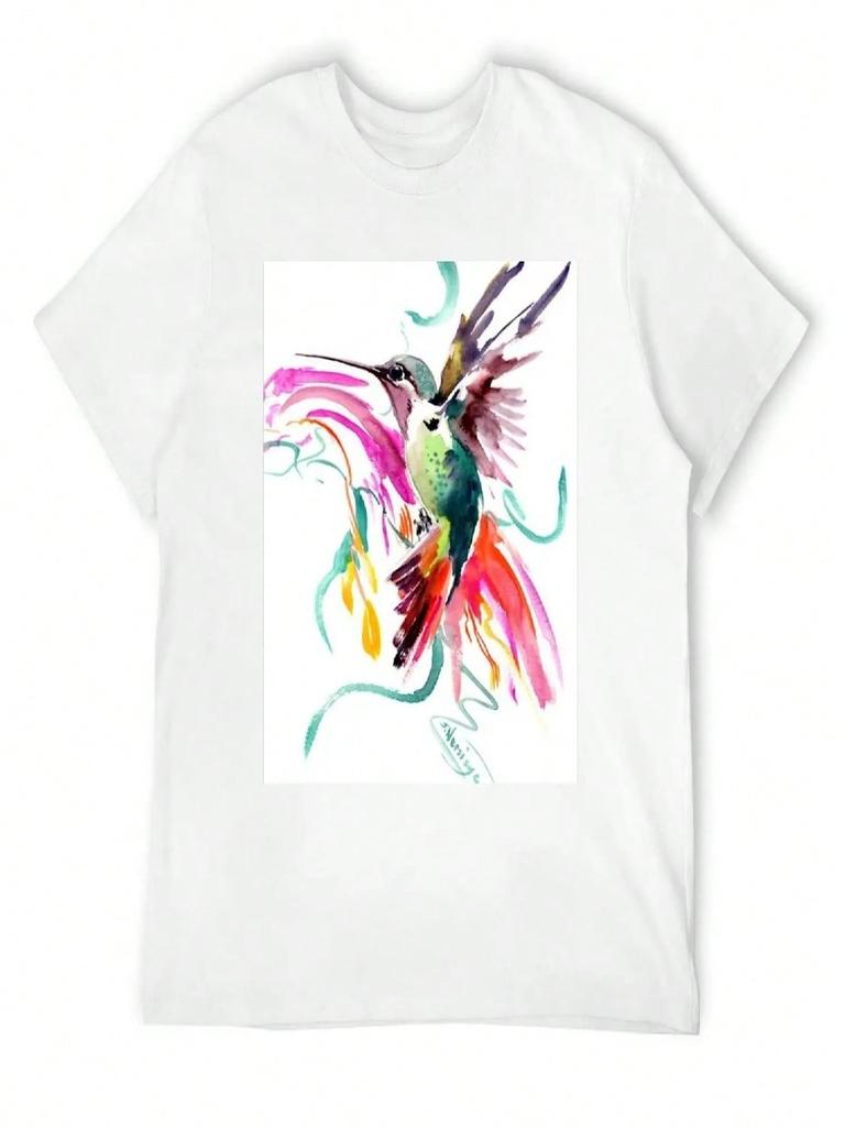 Flying Hummingbird And Abstract Flowers, Turquoise, Pink Watercolor Bird Artwork T-Shirt Hippie Clothes unisex T Shirt