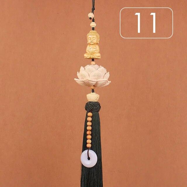 Chinese Style Lucky Fu Wooden Carved Lotus Buddha Statue Pendant Creative Gift Home Car Hanging Accessories Decor Auto Interior