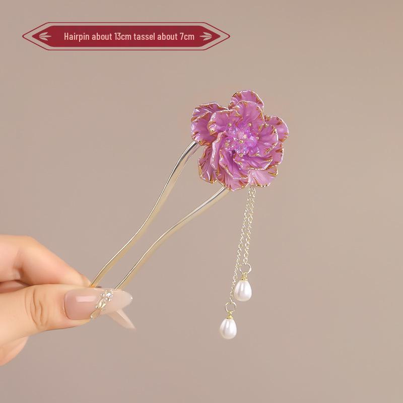 Elegant Red Rose Tassel Hairpin - U-shaped Hair Accessory for Women, Perfect for Updos and Traditional Attire.