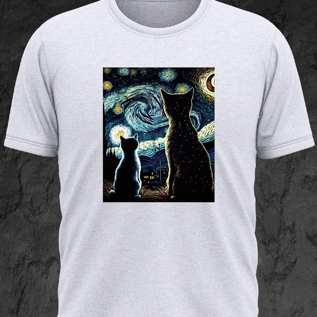 Men's Casual Graphic Tees For Summer Cats Looking At Night Sky Print Crew Neck T-shirts Trendy Chic Outfit Men's Clothings