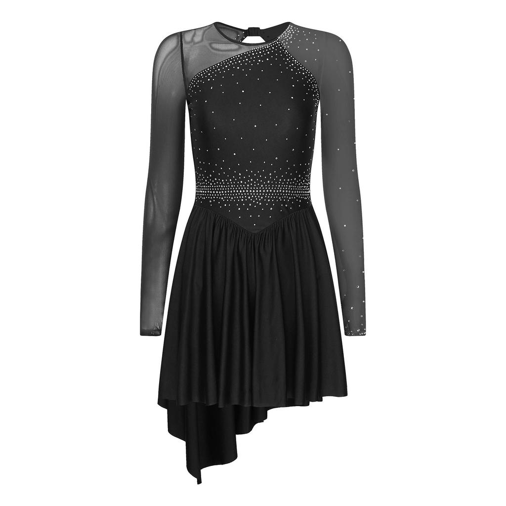 Womens Glittery Rhinestones Figure Skating Dress Cutout Back Contrast Color Sheer Mesh Patchwork Long Sleeve Performance Gown
