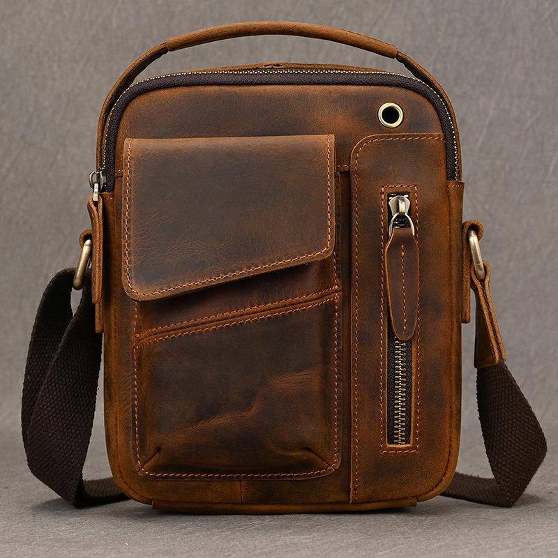 Мужская сумка через плечо, мужская сумка из кожи Crazy Horse, маленькая сумка для мобильного телефона из натуральной кожи, маленькая мужская квадратная сумка-кроссбоди с разъемом для наушников, дорожная сумка