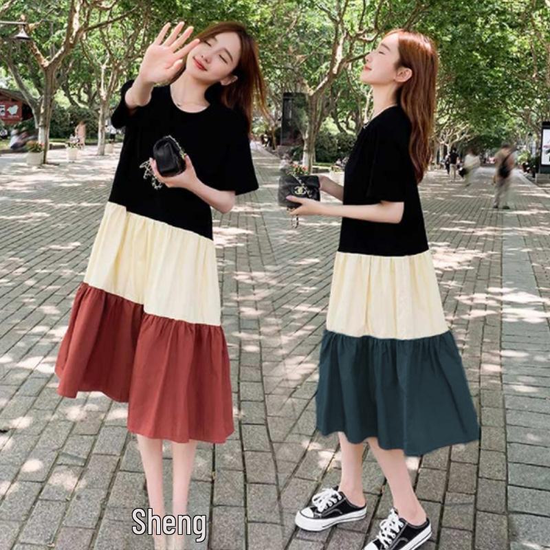 Maternity Summer A-line Knee-Length Dress with Contrast Color Splicing