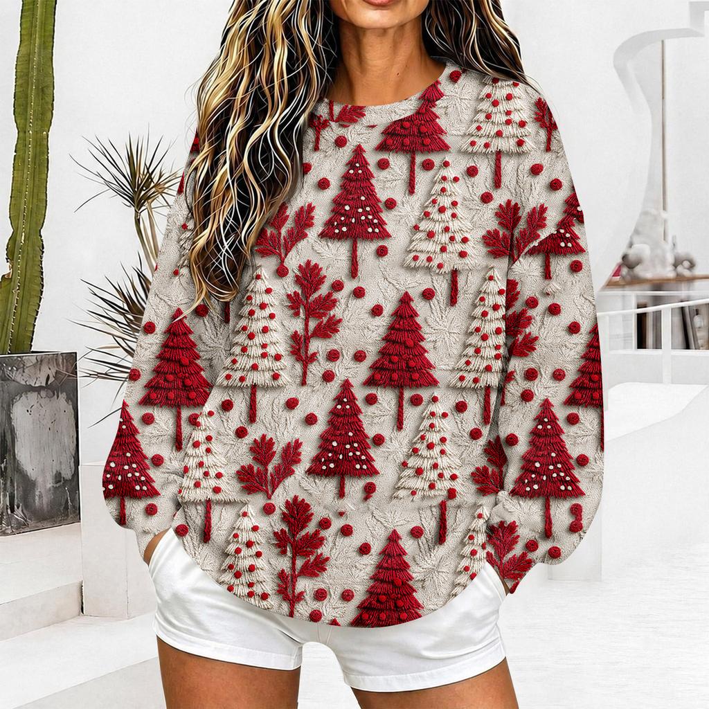 Felpa con stampa natalizia da donna, casual, a maniche lunghe, pullover