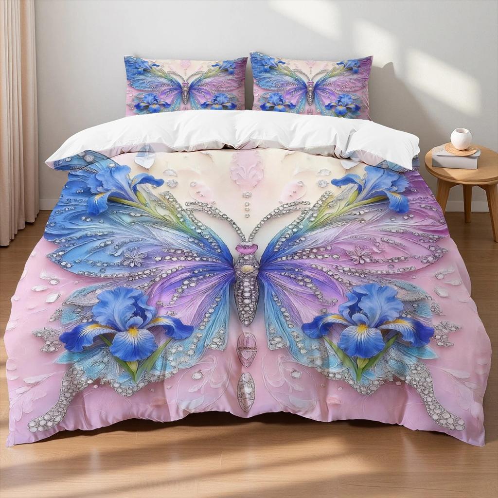 3Pcs Pink Purple Bedding Set Blue Fantasy Style Butterfly Print Comfortable King Queen Twin Single Size Bithday Gift For Sister