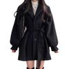 Autumn/Winter Korean-Style Woolen Coat for Women with Lantern Sleeves and Tie, Medium-Length with Suit Collar