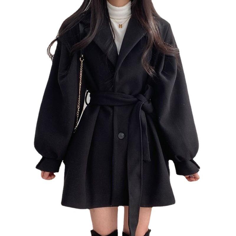 Autumn/Winter Korean-Style Woolen Coat for Women with Lantern Sleeves and Tie, Medium-Length with Suit Collar