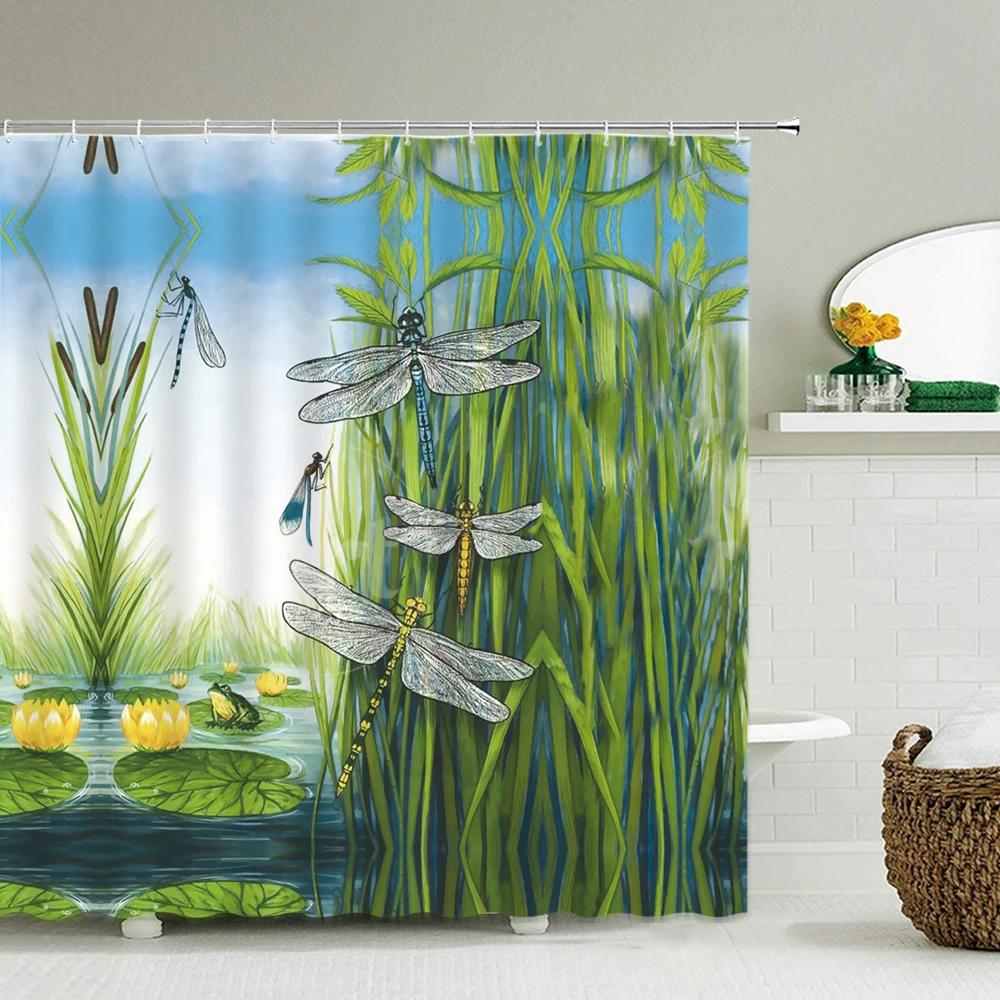 Cortina de ducha de bambú de planta verde, cortina de baño de poliéster impermeable, árboles impresos en 3D, pantalla de baño de 180x200cm con ganchos