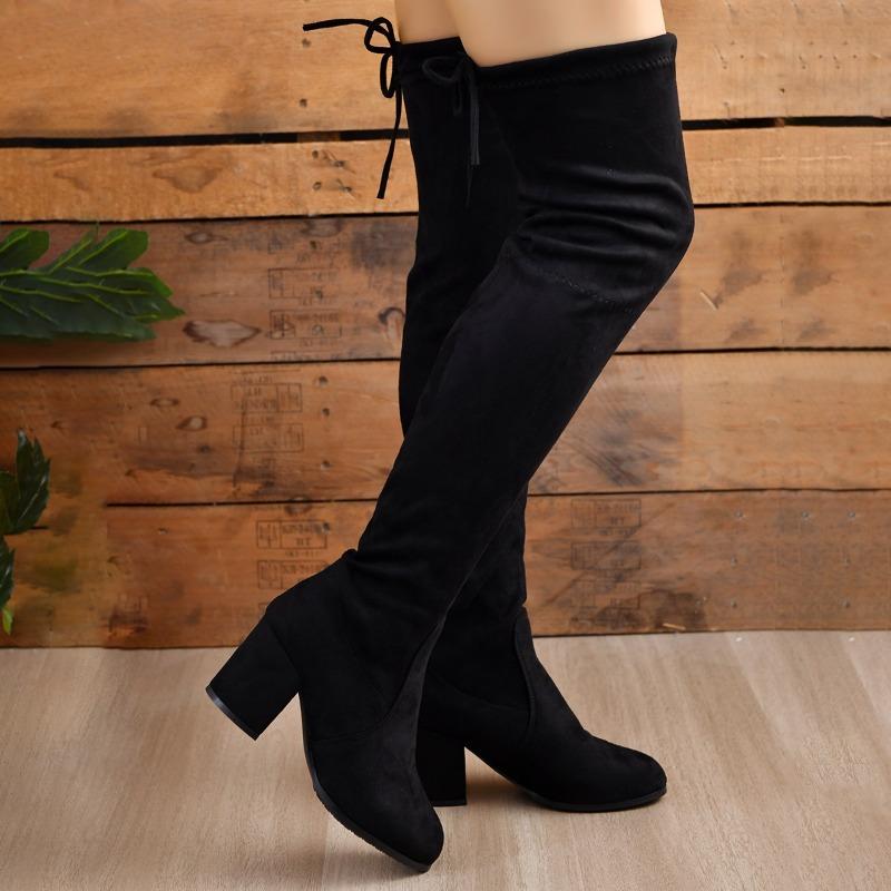 Winter Black Slim Stretch Long Boots Women Square Heel Over The Knee Boots Fashion Elegant Rear Lace Up Pointed Toe Women Shoes