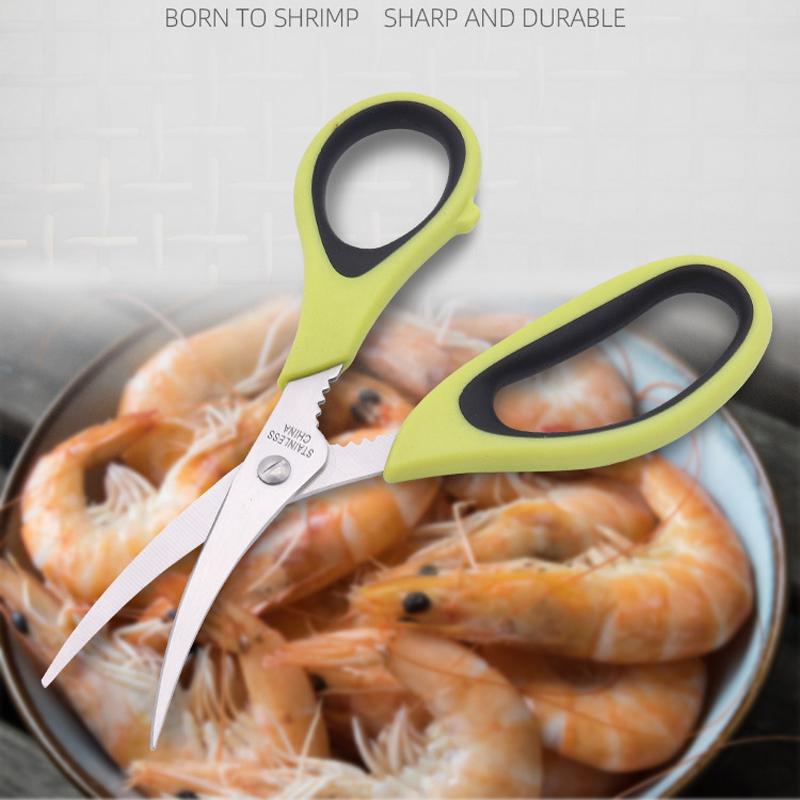 Household Elbow Stainless Steel Blade Shrimp Line Removing Seafood Tool TPR Handle PP Shrimp Clamp Kitchen Scissors