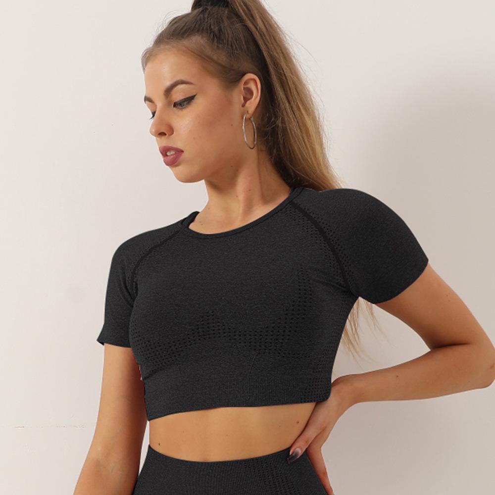 

Женский бесшовный костюм для йоги с коротким рукавом - Влагоотводящая, быстросохнущая фитнес-футболка Small