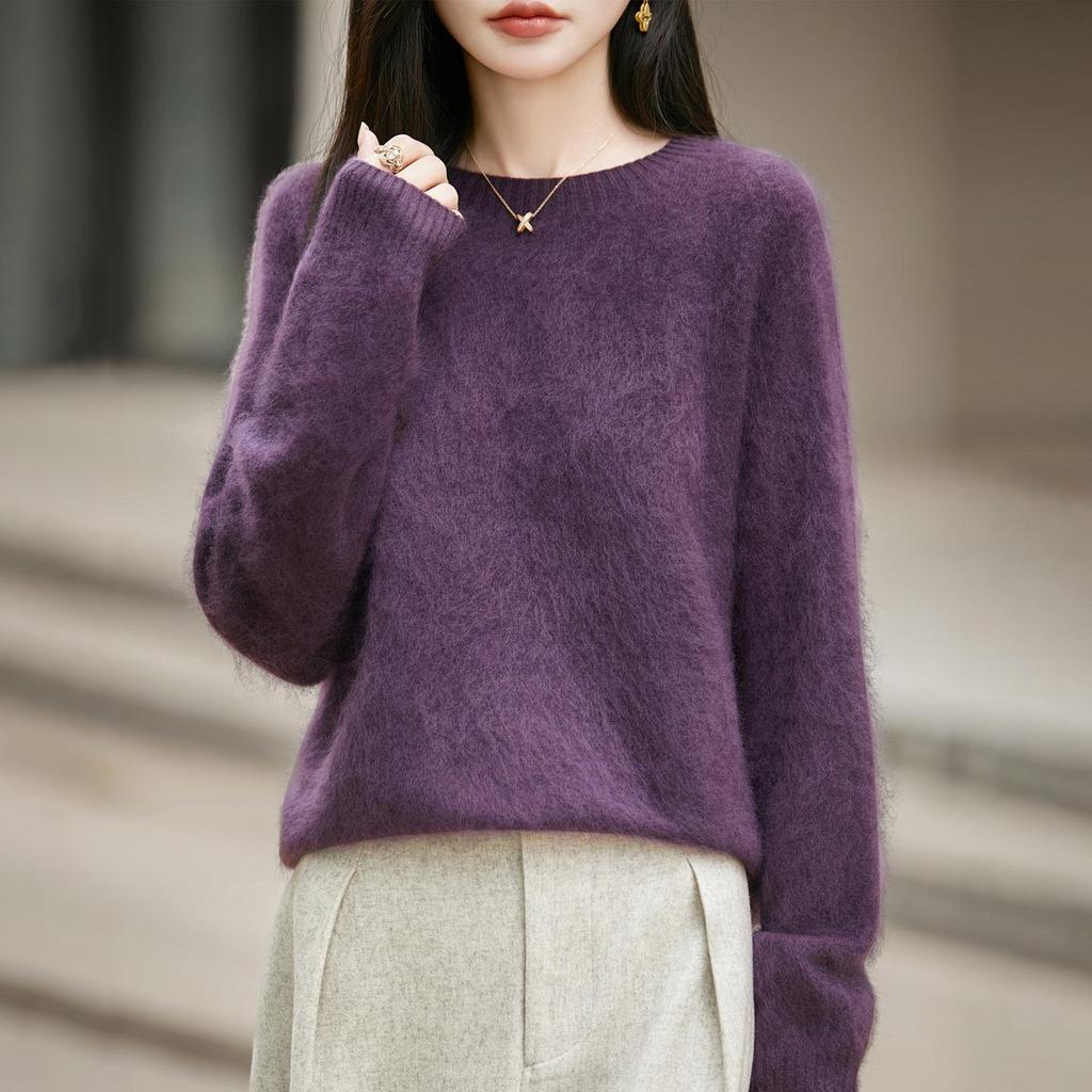 Women's Seamless Plush Knit Wool Sweater, Round Neck, Loose Fit, Long Sleeve - 2026 Autumn/Winter Collection