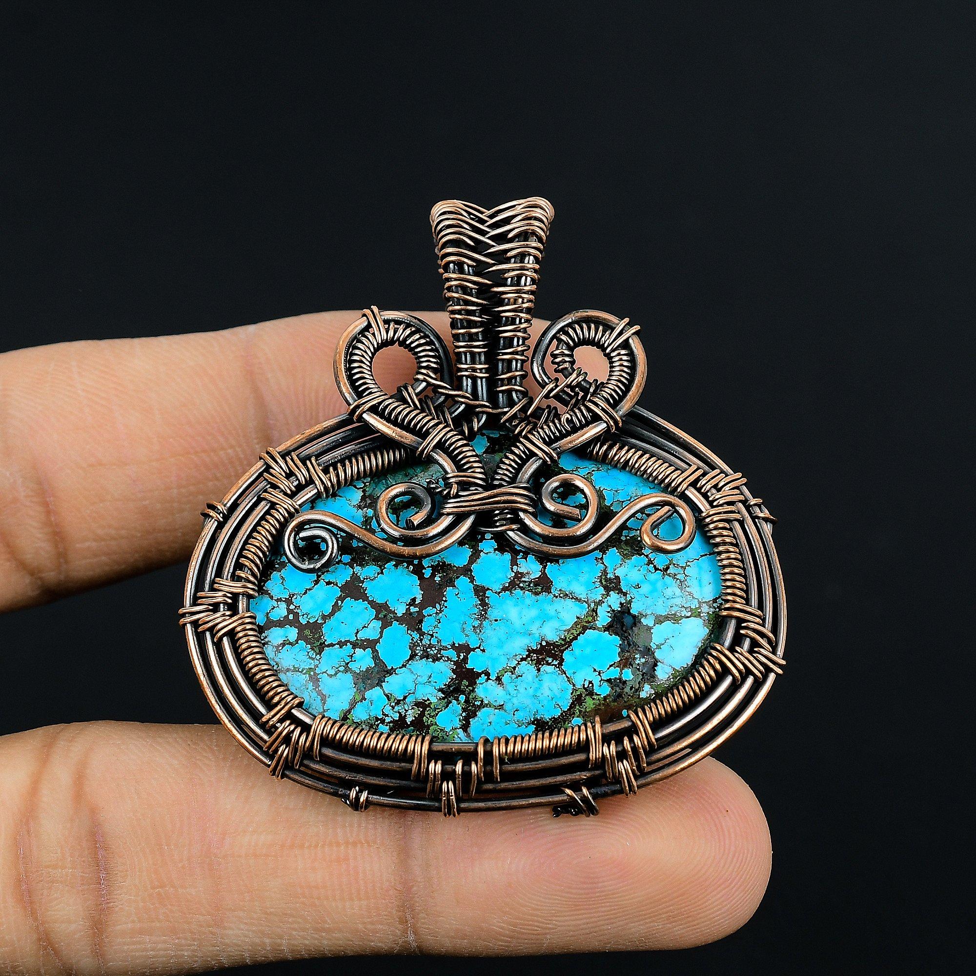 

Подвеска из тибетской бирюзы, ювелирное изделие из драгоценного камня, обернутое медной проволокой 999 пробы, подвеска ручной работы, на День благодарения 2.55 Inches