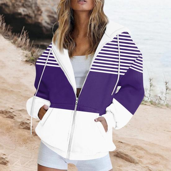 Women Fall Winter Hoodie Jacket Zipper Closure Loose Casual Striped Coat with Pockets Drawstring Hooded Long Sleeves Top