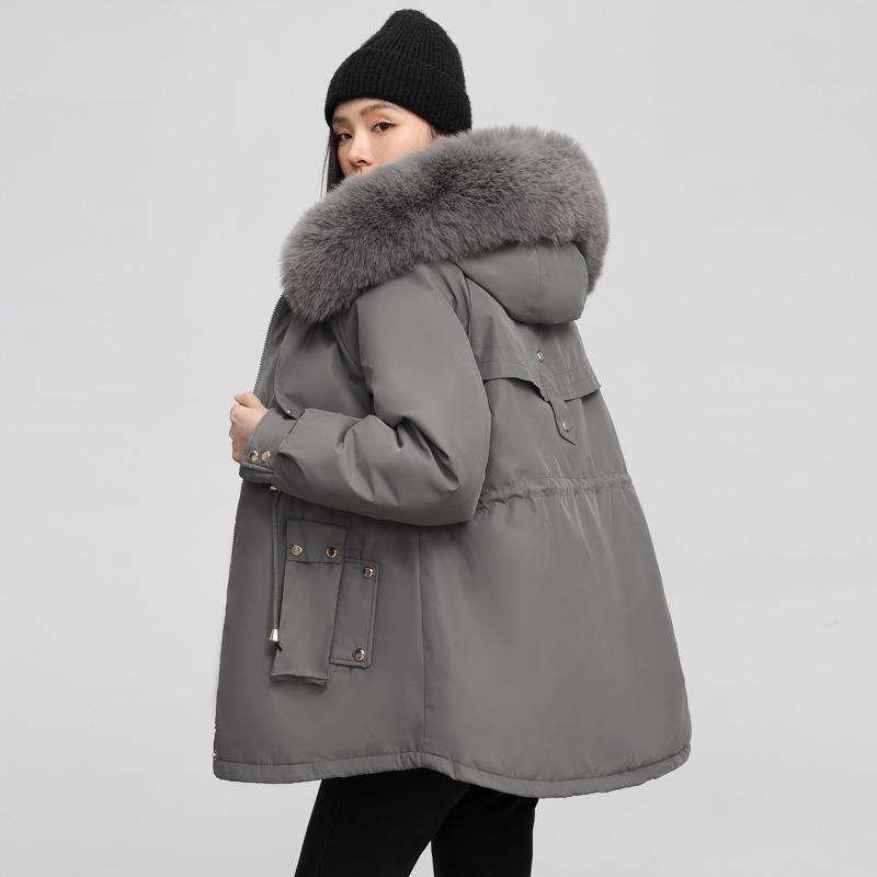 Veste d'hiver pour femme à col en fourrure, à capuche, coupe-vent, légère, épaisse, chaude, mi-longue, décontractée, sportive, parka, veste en coton