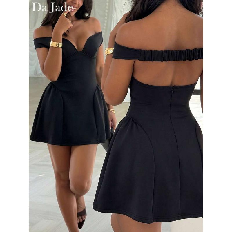 Elegant Black Off-Shoulder Chest Elastic Back Pleated Zipper One-Neck Mini Dress Women S