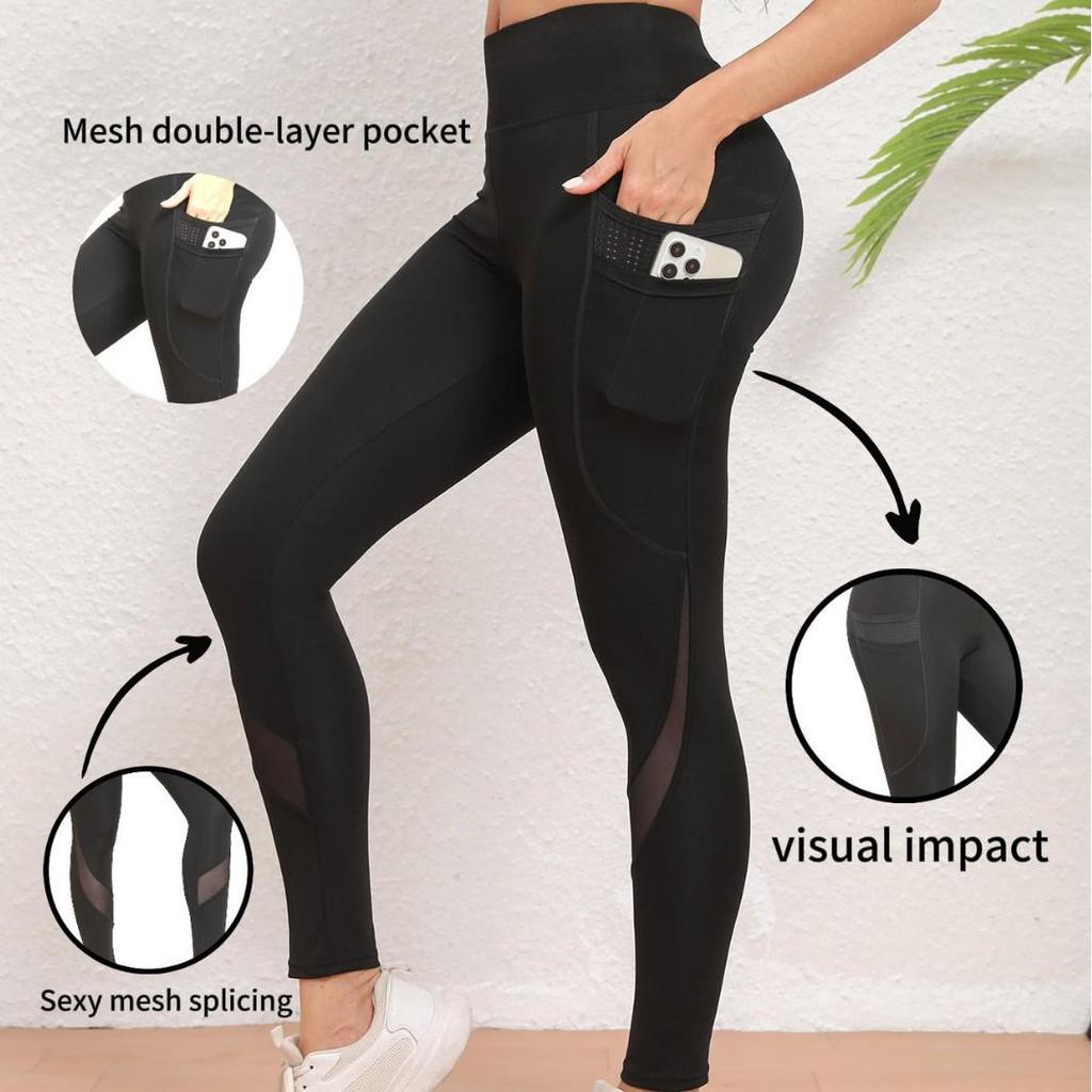 Hohe Netz-Yogahose mit Doppeltaschen - Po-Lifting, Atmungsaktiv und Bequem für Damen