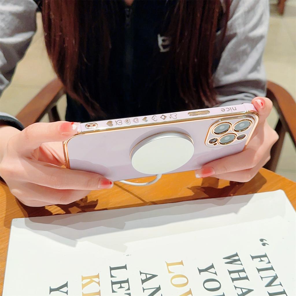 For iPhone 14 Pro Max Case Compatible with MagSafe Electroplated TPU Phone Cover Hollow Love Hearts