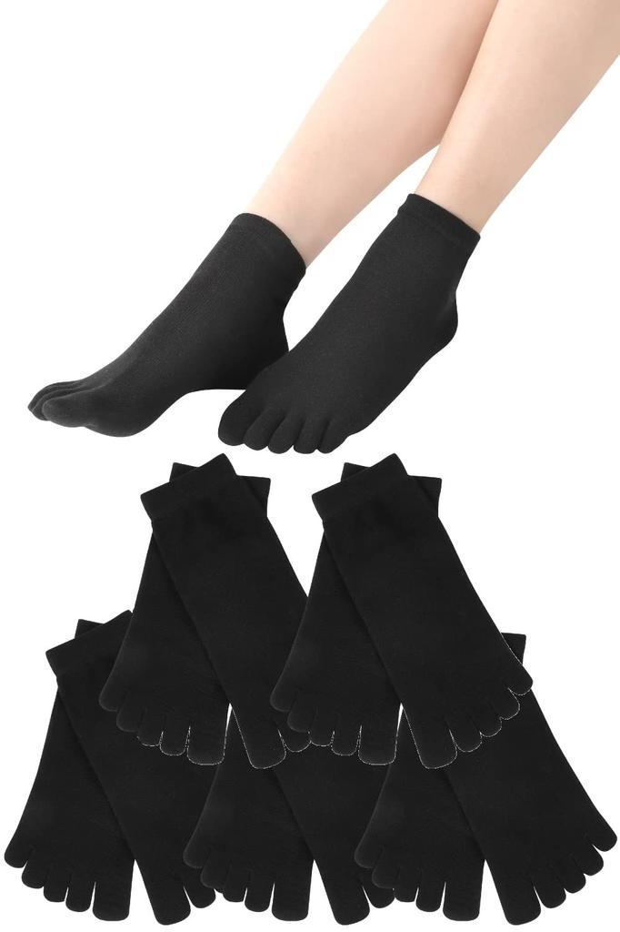 Odorless Women's Five-Toe Socks, 5-Pair Set, Casual, Stylish, Breathable, Durable, (Black) (Crew Length, 5-Pair Set)