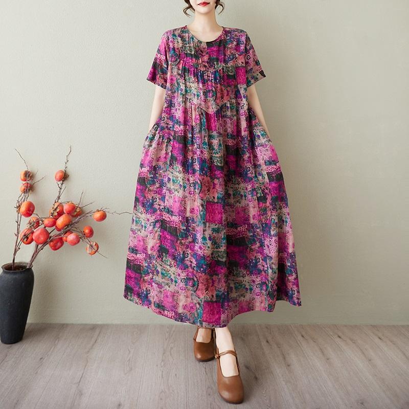 

Платье женское с коротким рукавом, больших размеров, из хлопка и льна, винтажное, с цветочным принтом, новинка, повседневное, свободного кроя, длинное летнее платье